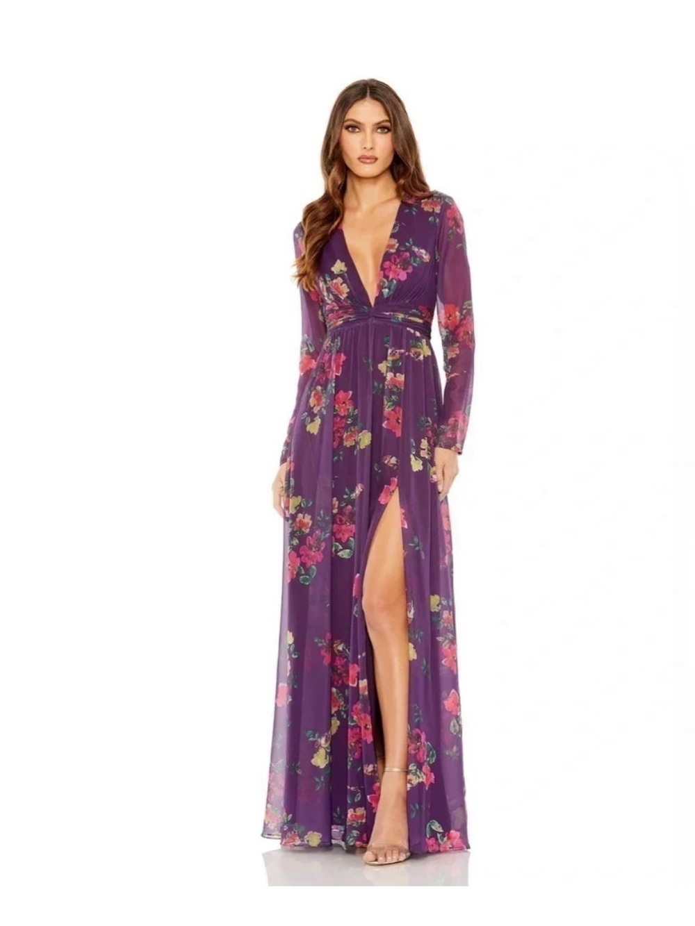 Mac Duggal- #68558 - Long Sleeve Ruched Top Deep V Gown Size 4 & 6